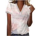thumbnail image 2 of Hauts d'Été pour Femmes 2023 Mode Oversize Col en V Patchwork en Dentelle Manches Courtes Blouse Décontractée Chemises Col en V en Dentelle pour Femmes, 2 of 5