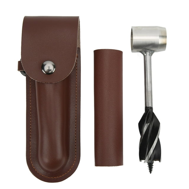 Wood Drill Bit Tool, Stainless Steel Practical Hand Auger Wrench For Outdoor Activity Brown Leather Bag And Holster