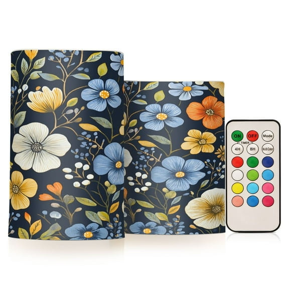 Yayeee Flameless Candles with Remote Flickering Battery Operated Multi Color Changing, Navy Floral Pattern
