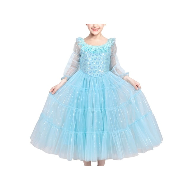 Robe Fille Bleue Sirène Princesse Fête Tulle Manches en Maille Transparente 10 Ans