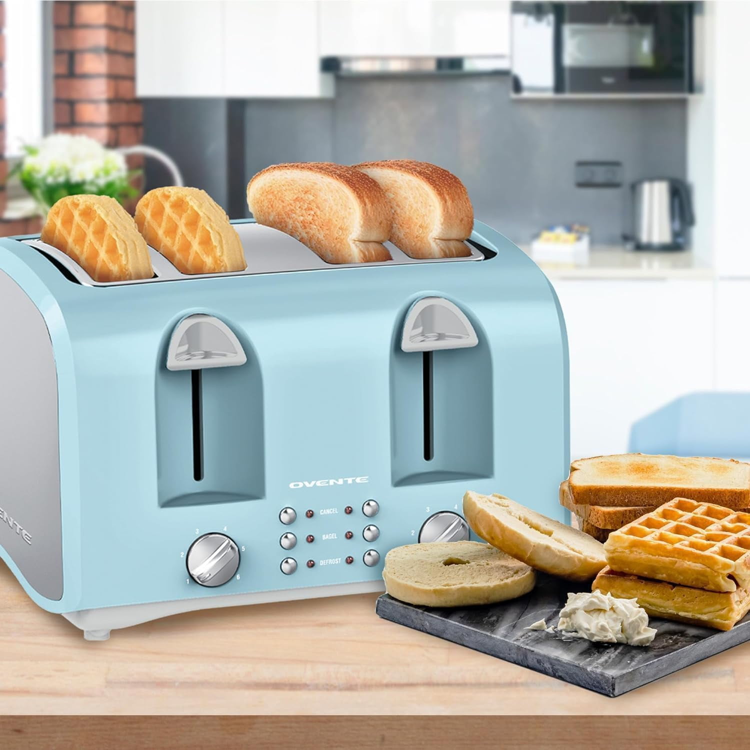 OVENTE Electric 4-Slice Toaster Machine with 6-Shade Selector Setting, Cancel Button, Defrost Function, Crumb Tray, 1400W Power and Wide Slots for Bagels, Waffles and Puff Pastry Light Blue TS4410LBL