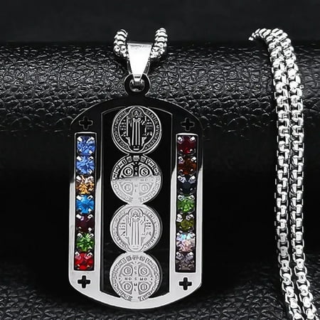 14K White Gold Mix Color Crystal Saint Benedict Pendant Necklace Silver Color Christian Necklaces Jewelry San Benito