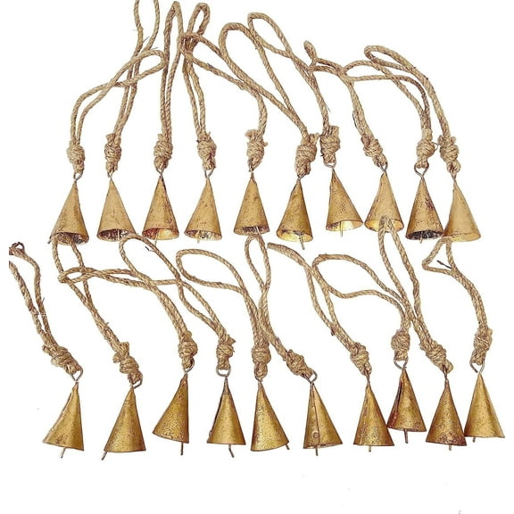 Vivanta 20 Pcs 2 Inch Rustic Vintage Hanging Bells with Jute Rope - Handmade Indian Tin Bells for Crafts, Christmas Decor, Wind Chimes, Farmhouse Aesthetic, Antique Cow Bells, Witch Bells for Door