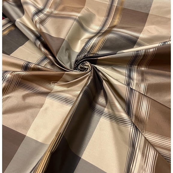 Copper Brown Plaid Silk Taffeta Fabric - Sold by the Yard