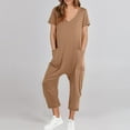 thumbnail image 2 of Short Sleeve Jumpsuit for Women 2025 Solid Color V-neck Straight Leg Rompers with Pocket Loose Summer Ladies Overalls, 2 of 8