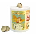 thumbnail image 2 of Vintage Piggy Bank, Bakery of Delicious Pastries Deserts Doughnuts and Cakes with Price Tags Pattern, Ceramic Coin Bank Money Box for Cash Saving, 3.6" X 3.2", Multicolor, by Ambesonne, 2 of 4