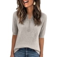 thumbnail image 2 of Women Summer Knit Shirt Blouse V Neck Short Sleeve Pullover Sweater Tops Camel 2XL, 2 of 5