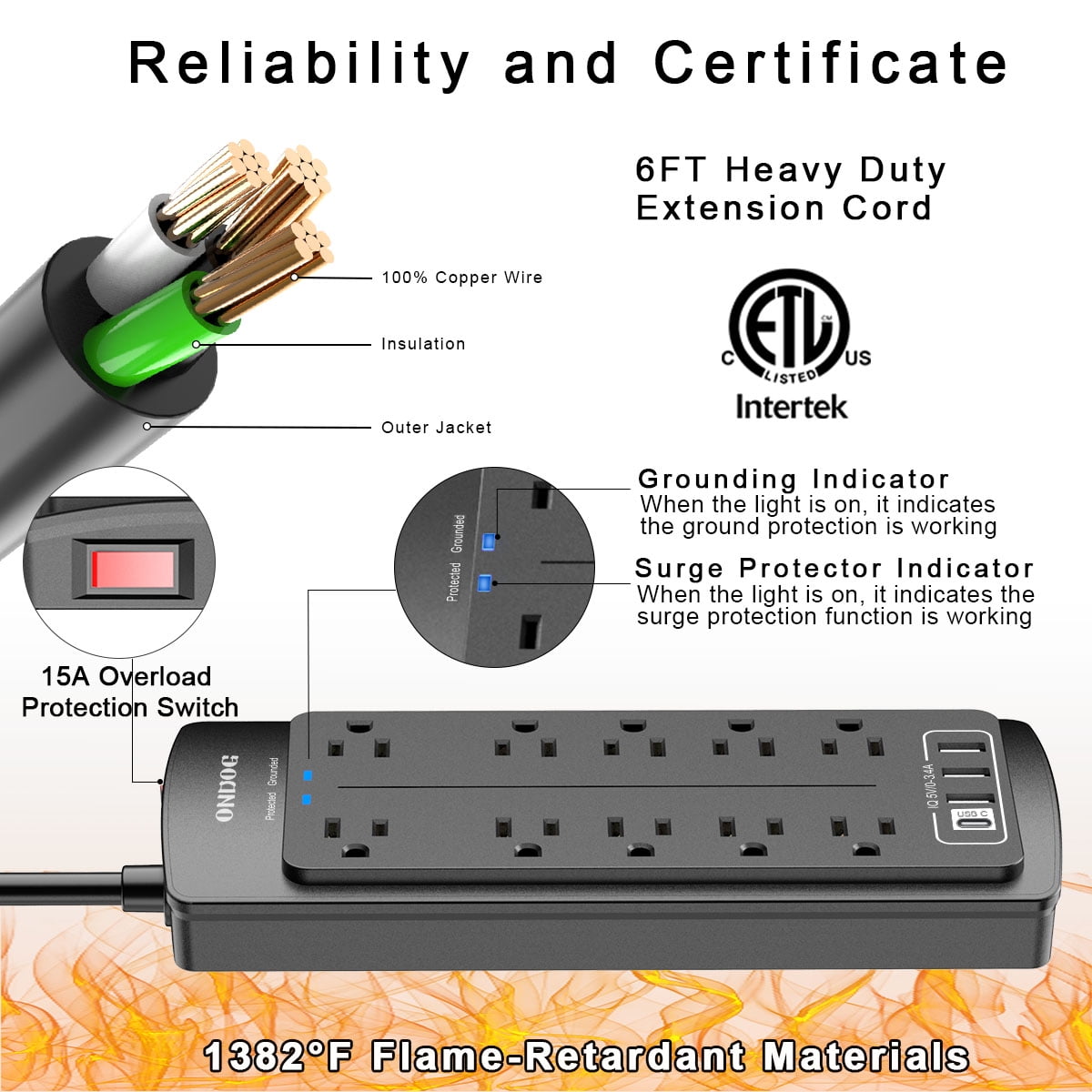 ONDOG 10 Outlet Surge Protector with 4 USB Ports, Black