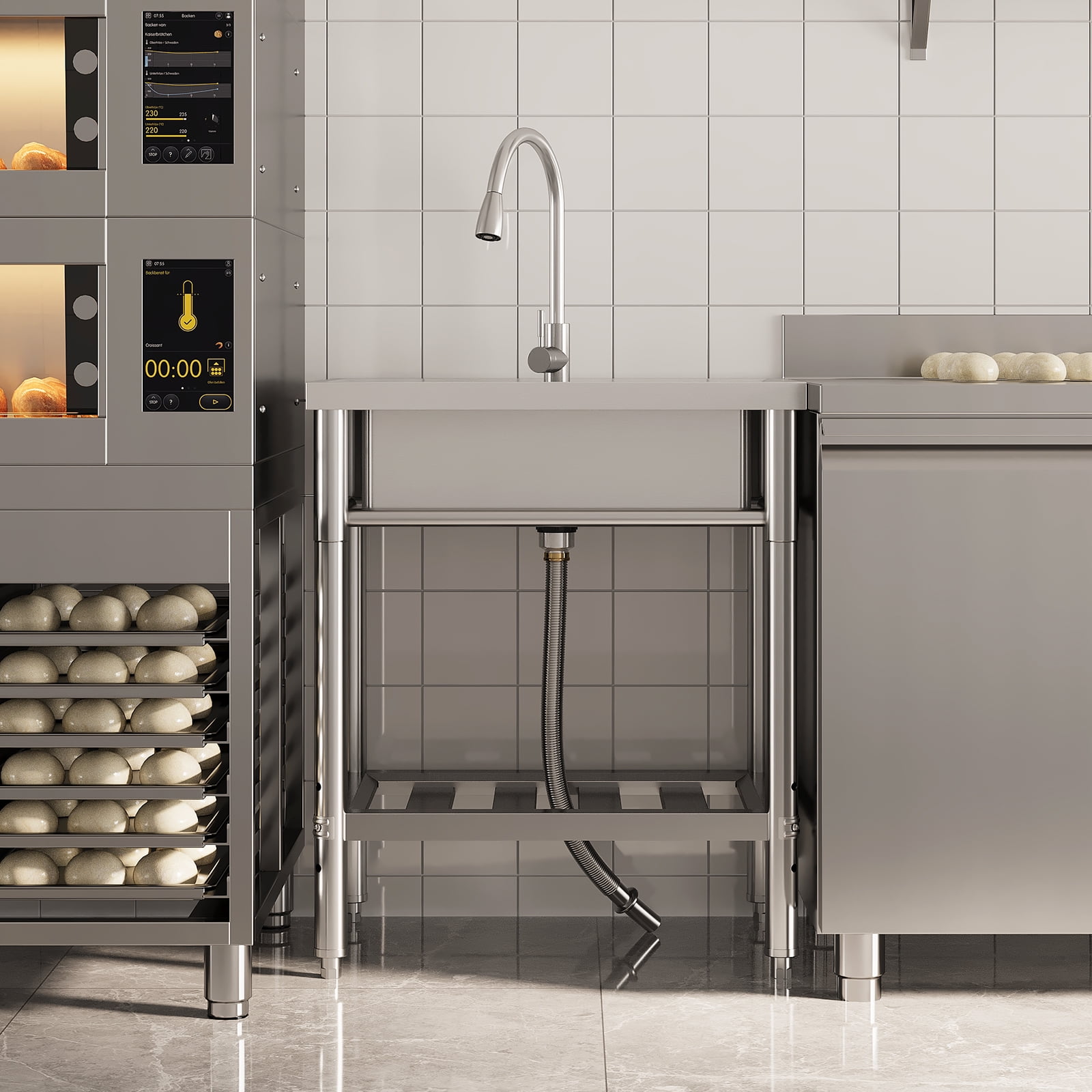 Freestanding Commercial Stainless Steel Sink,Single Bowl Kitchen Sink with Water Pipes,Adjustable Legs,Suitable for Laundry Room,Farmhouse(Water Pipe)