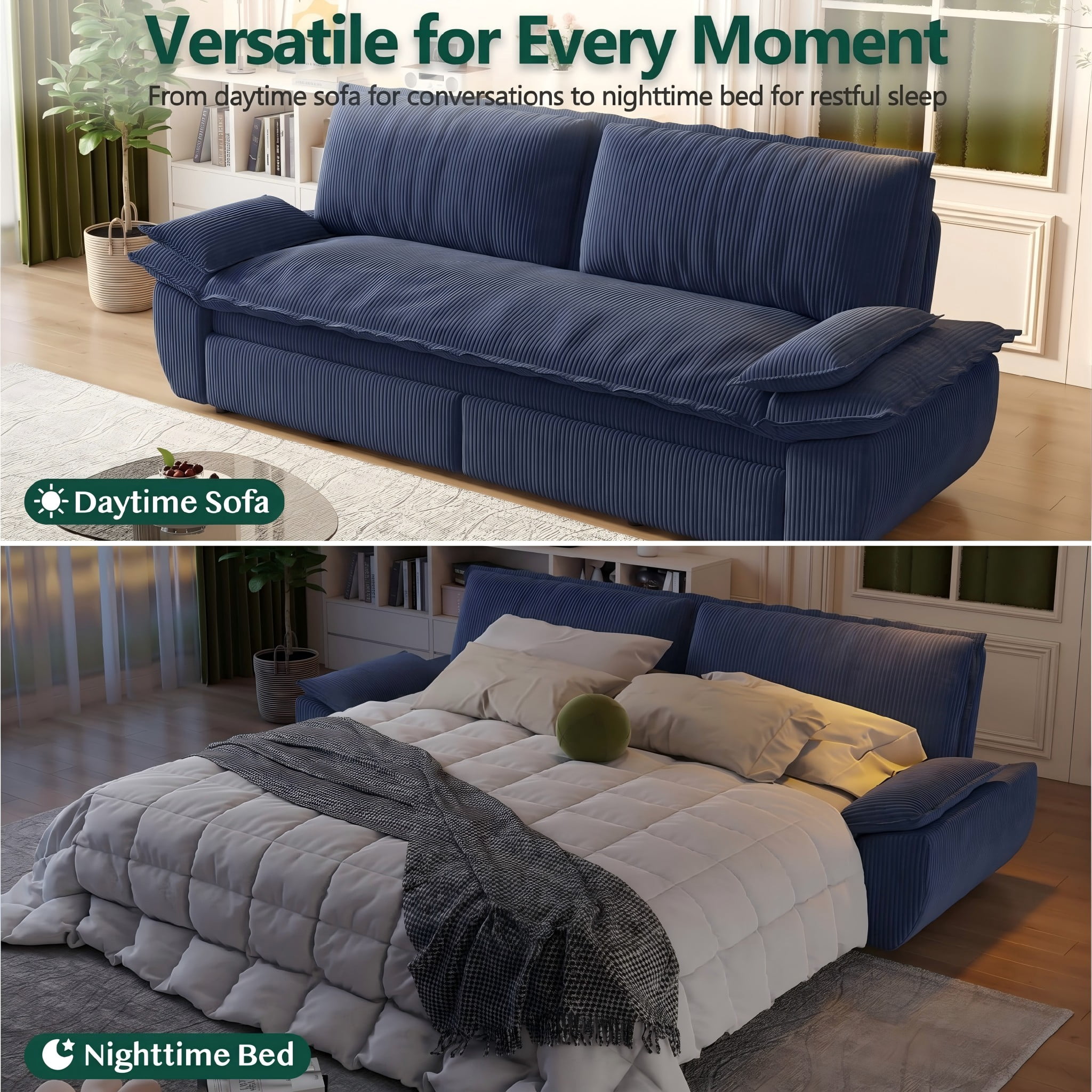Multi-Functional Corduroy Convertible 3-in-1 Sofa Bed, Queen Size Loveseat Sleeper Couch, Light Blue
