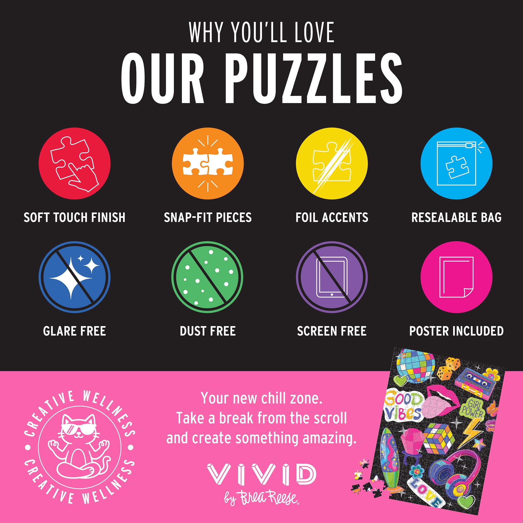 Vivid by Brea Reese: 300 Piece Puzzle - Funky Icons, Retro Neon Nostalgic Collage Jigsaw, Metallic Foil Accents, Soft-Touch, Image Reference Poster