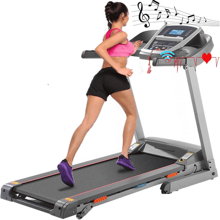 Ancheer Treadmill, 3.0HP Bluetooth+12 Running Program Electric Folding Treadmill 9MPH&300LB Running Machine with LCD Display and Manual Incline, App control/Heart Rate Sensor/Shock Absorber