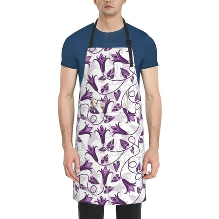 

Qekee Violets Flowers Print Waterproof Apron with Pockets Adjustable Cooking Aprons Kitchen Bib for Baking Household Cleaning