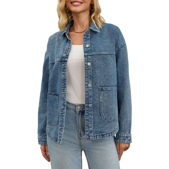 CHAQUETA Casual de Mujer INSPIRE CHIC de Mezclilla con Cuello Plano y Manga Larga, Cierre de Botón con Bolsillos, Talla M, Gris Azul