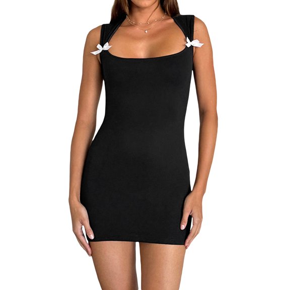 Michellecmm Women's Bodycon Tank Dress Summer Sleeveless Square Neck Bow Front Mini Dress Clubwear