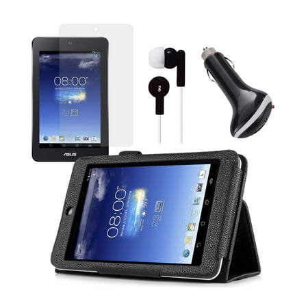 Black Folio Case with Screen Protector, Earphones, and Car Charger for ASUS MeMO Pad HD