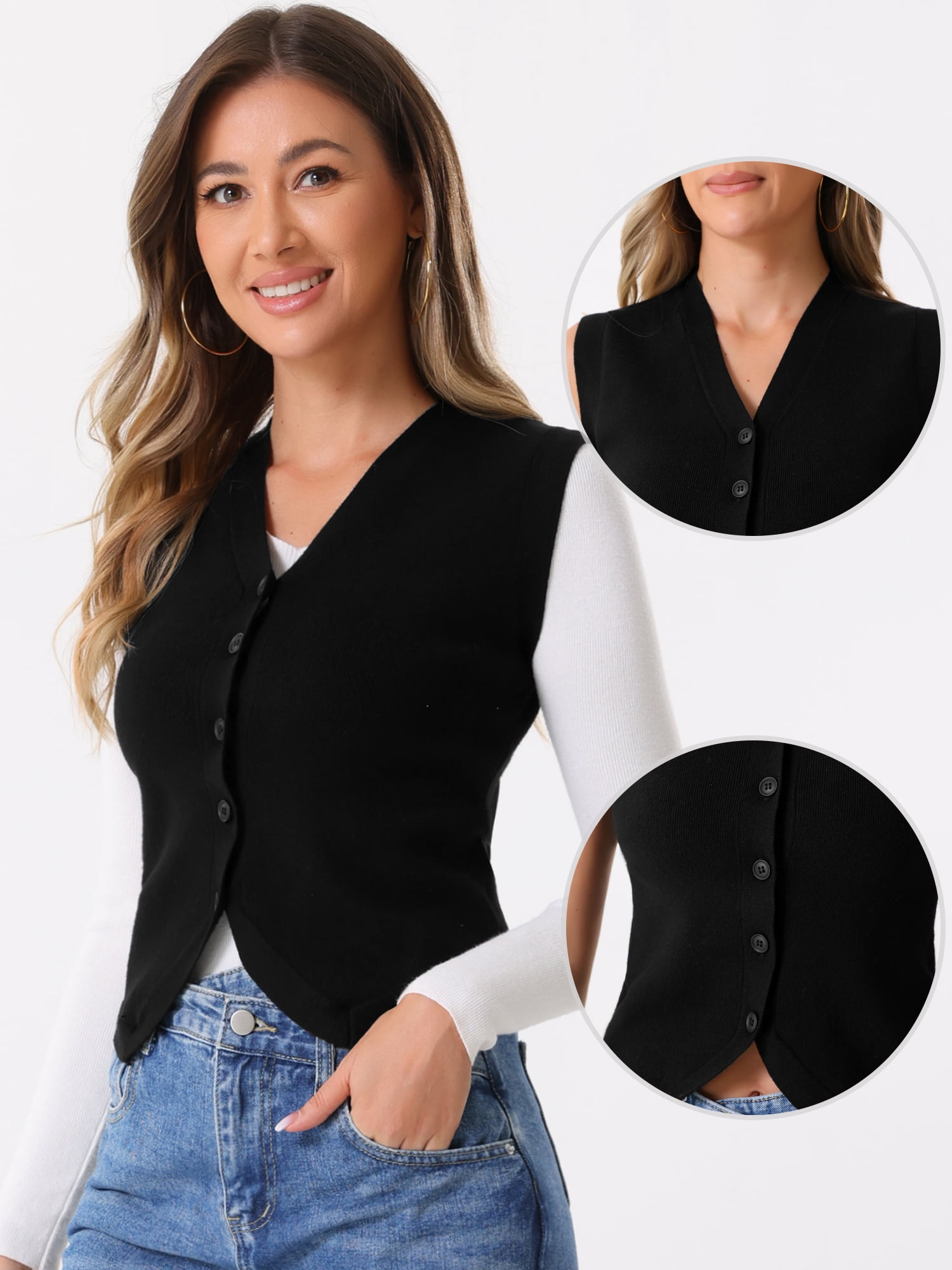 DARING DIVA Stylish Sleeveless V Neck Cropped Button Up Sweater Vest XL Black