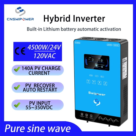 CNSWIPOWER Hybrid Solar Inverter 4000W 4500VA 24VDC 120VAC Pure Sine Wave Battery-Free Starting Built MPPT 140A Solar Charger