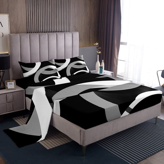 Erosebridal Geometric Round Sheet Set Twin,Black Grey Bedding Sets Twin Size,Abstract Artwork Twin Sheet Sets,Lightweight Circle Room Decor,3pcs