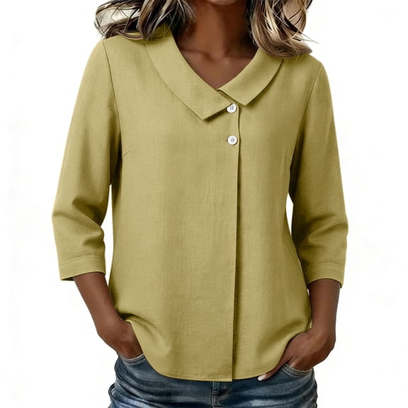 Aofany 3/4 Sleeve Cotton Linen Tops for Women Casual Loose Fit Solid Color Shirts Fashion V-Neck Three-quarter Sleeve Blouses