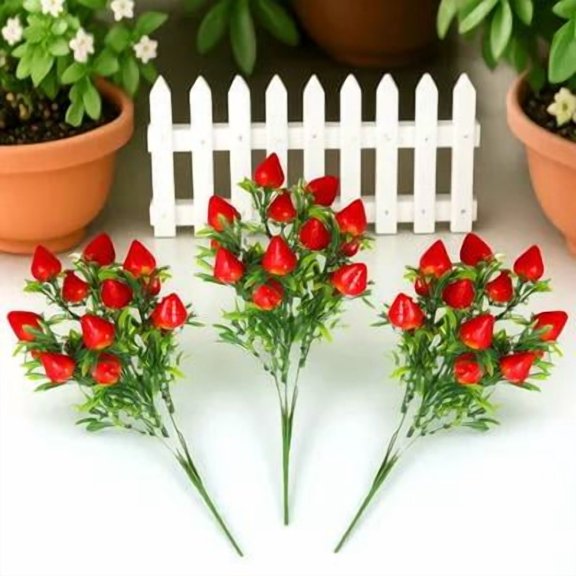 IMIKEYA Set of 3 Red Artificial Strawberry Bunches, Realistic PVC Fruit Decorations, Reusable for Home and Party Decor