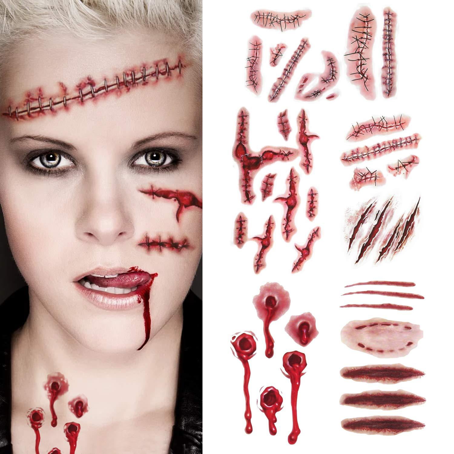 10 Hojas De Calcomanías Temporales De Halloween Para Tatuajes De Broma Para La Cara Calcomanias Temporales De Boca De Payaso De Terror Heridas De