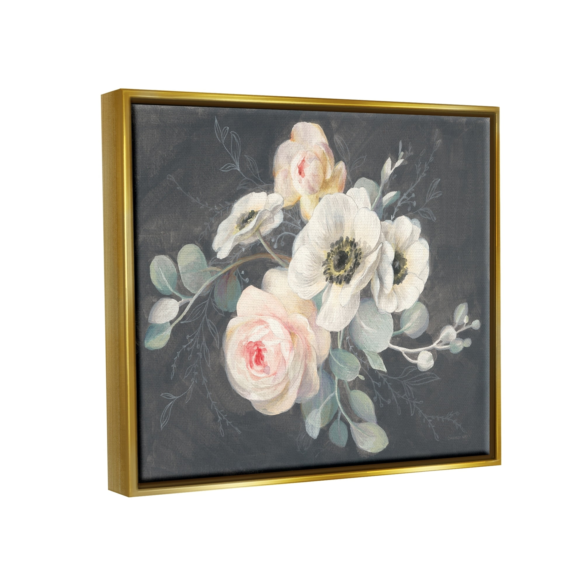 Stupell Industries Rose Anemones Flowers Chalk Pink Black Design Metallic Gold Framed Floating Canvas Wall Art, 24x30, by Danhui Nai