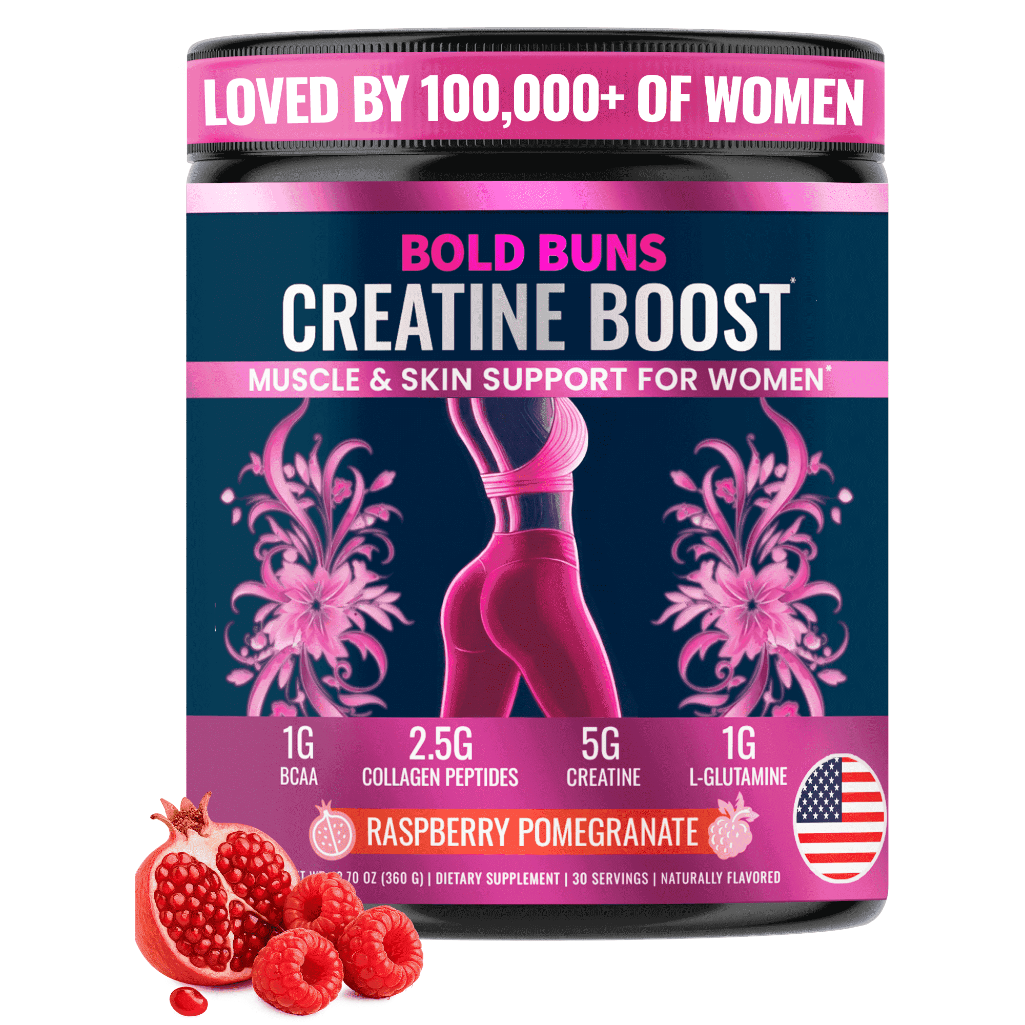 Bold Buns Creatine for Women – Supplement with Collagen & BCAA – Supports Muscle Development, Post-Workout Recovery, Skin Elasticity, Healthy Hair & Nail (30 Servings - Raspberry Pomegranate)