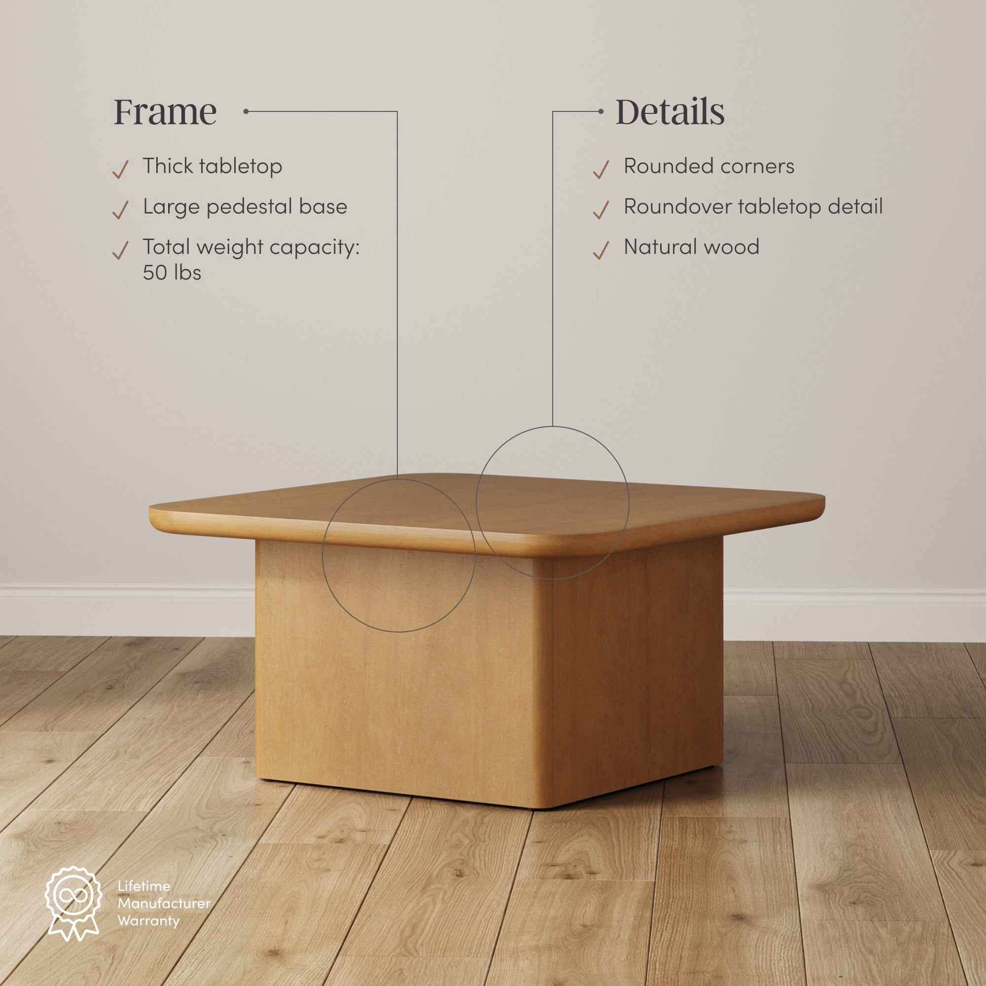 Nathan James Rein Organic Modern Coffee Table, Rustic Wood Square Coffee Table with Rounded Edge, Pedestal Coffee Table for Living Room, Light Brown