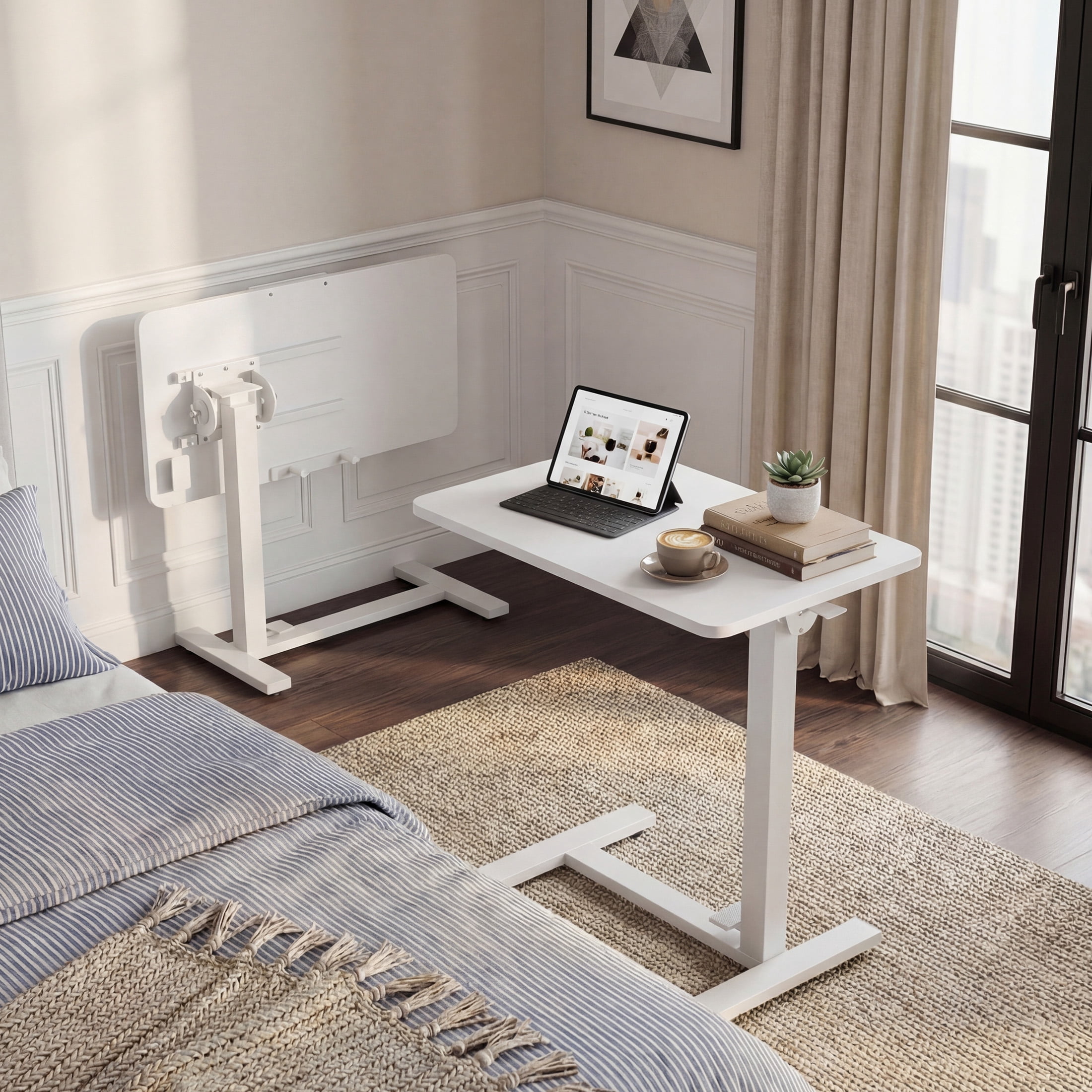 CONCETTA Overbed Table with Wheels Mobile Standing Desk, Adjustable height, Double-Sided Flip, Saves Space for Office, Classroom, White