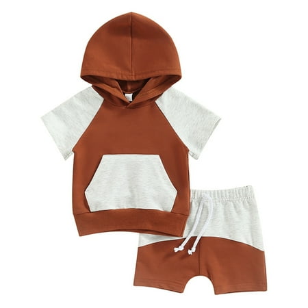 

Toddler Kids Baby Boys Girls Summer Outfit Clothes Sets Patchwork Short Sleeve Casual Hooded Pocket Pullover Sweatshirt Tops Drawstring Shorts Baby Clothing