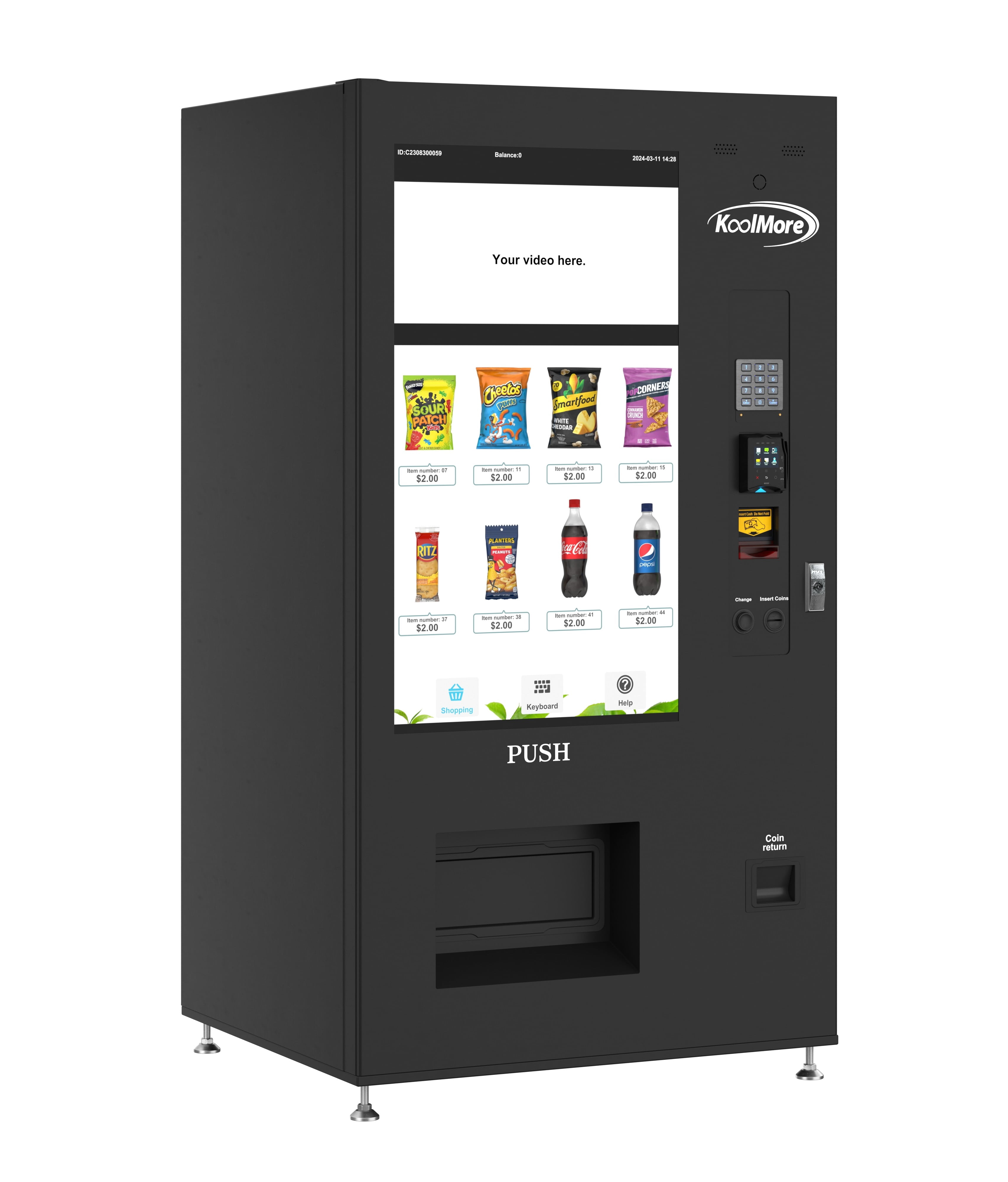 Refrigerated Snack Vending Machine In Black With 48 Slots Featuring Ample 49 Inch Touch Display, Bill Acceptor, Credit Card Reader, Wifi and 4G Connectivity
