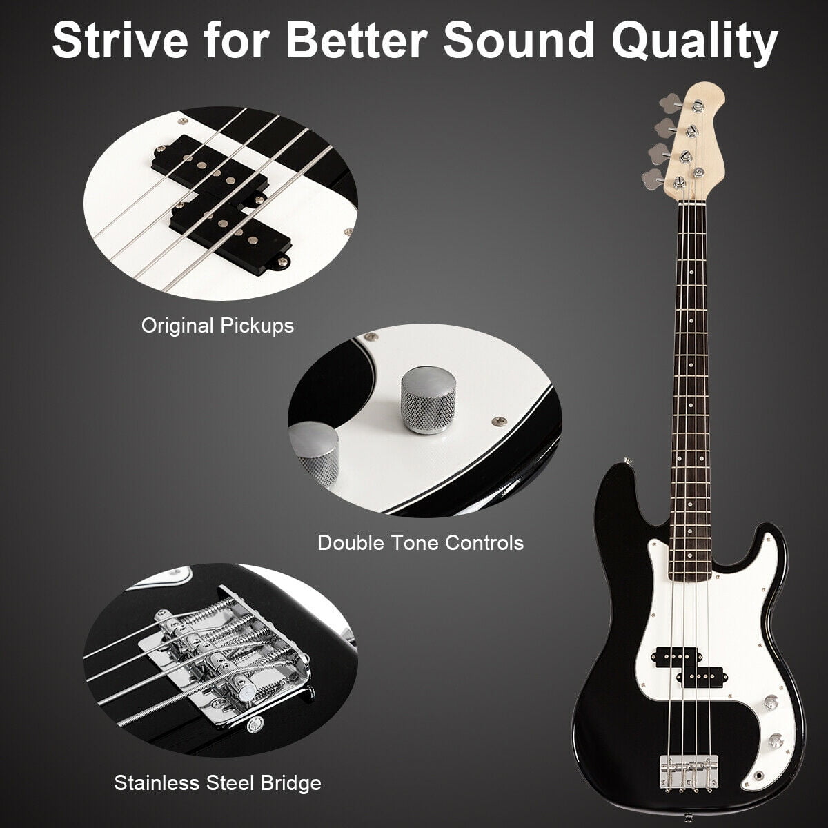 Costway Black Full Size 4 String Electric Bass Guitar with Strap Guitar Bag Amp Cord
