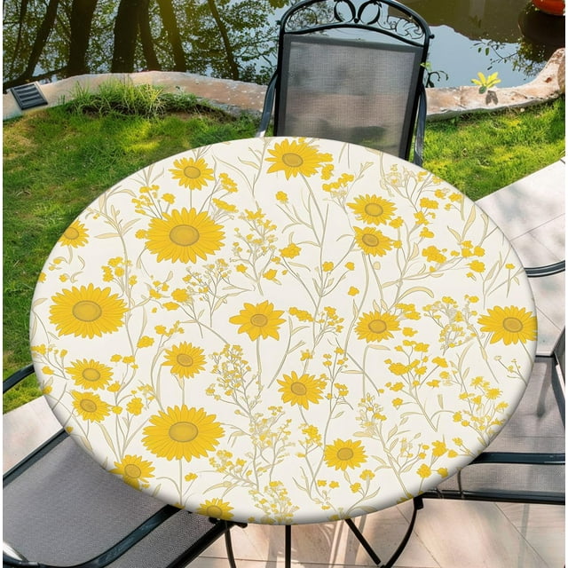 Housse de Table Ronde pour Tables Rondes 36 Pouces-70 Pouces, Nappe Ajustée avec Élastique pour Fête Intérieure Extérieure Vacances, Nappe 60 Pouces, Fleur
