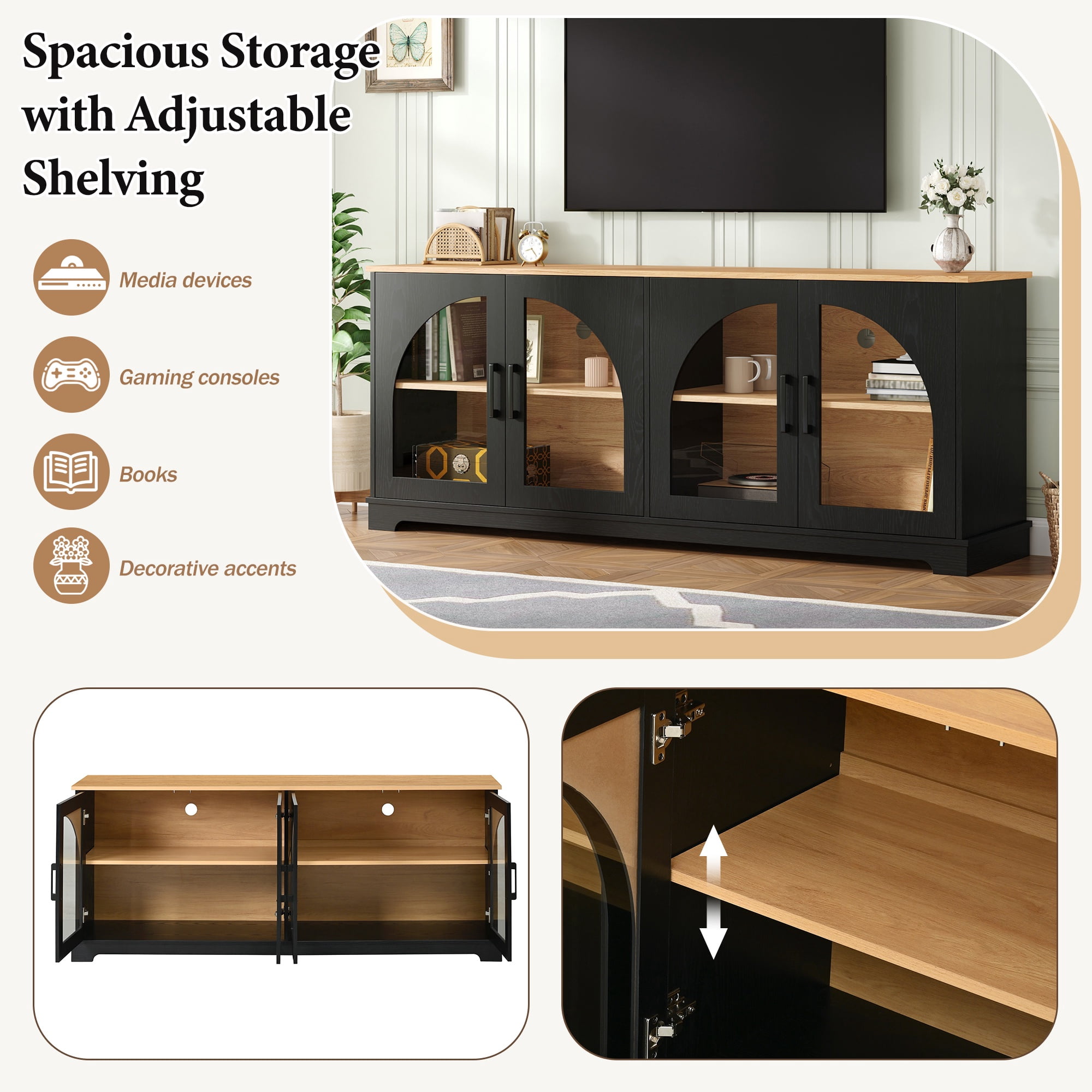 PORKISS Two-Tone TV Stand for 70", Vintage Media Console Cabinet with 4 Arched Tempered Glass Doors, Entertainment Center with Cable Management and Storage, Black