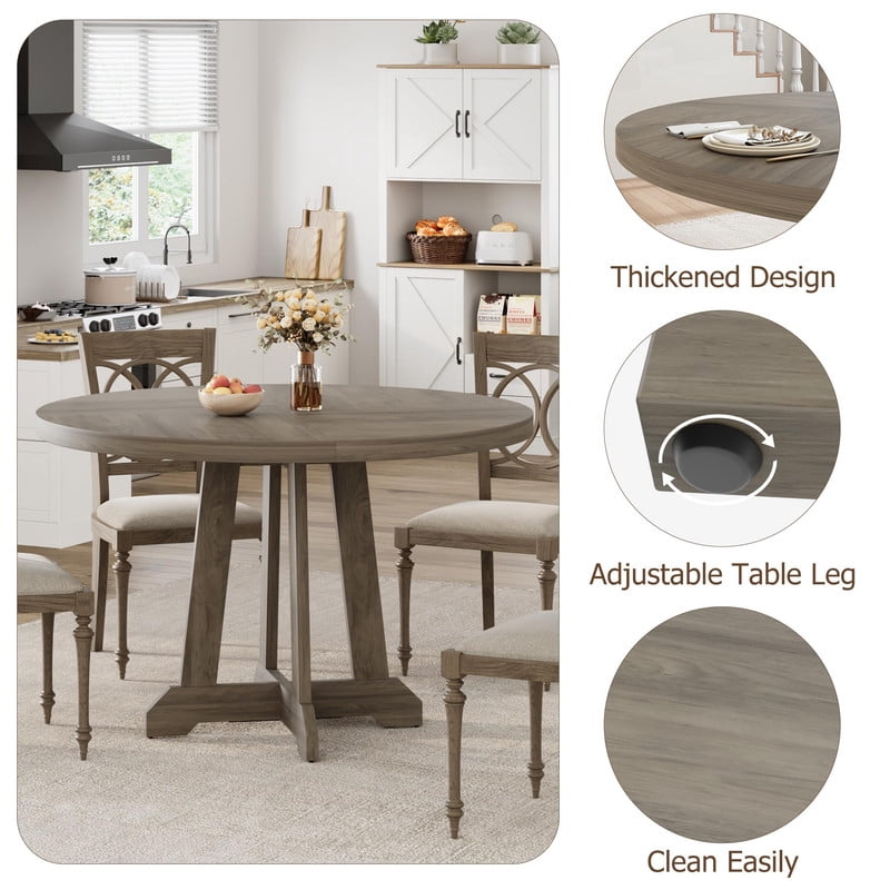 TROPOW Round Dining Table, 47 Inch Dining Table for 4-6, Farmhouse Kitchen Table with Wood Pedestal Cross Base, Thick 1.2'' Tabletop 300LB, Adjustable Feet