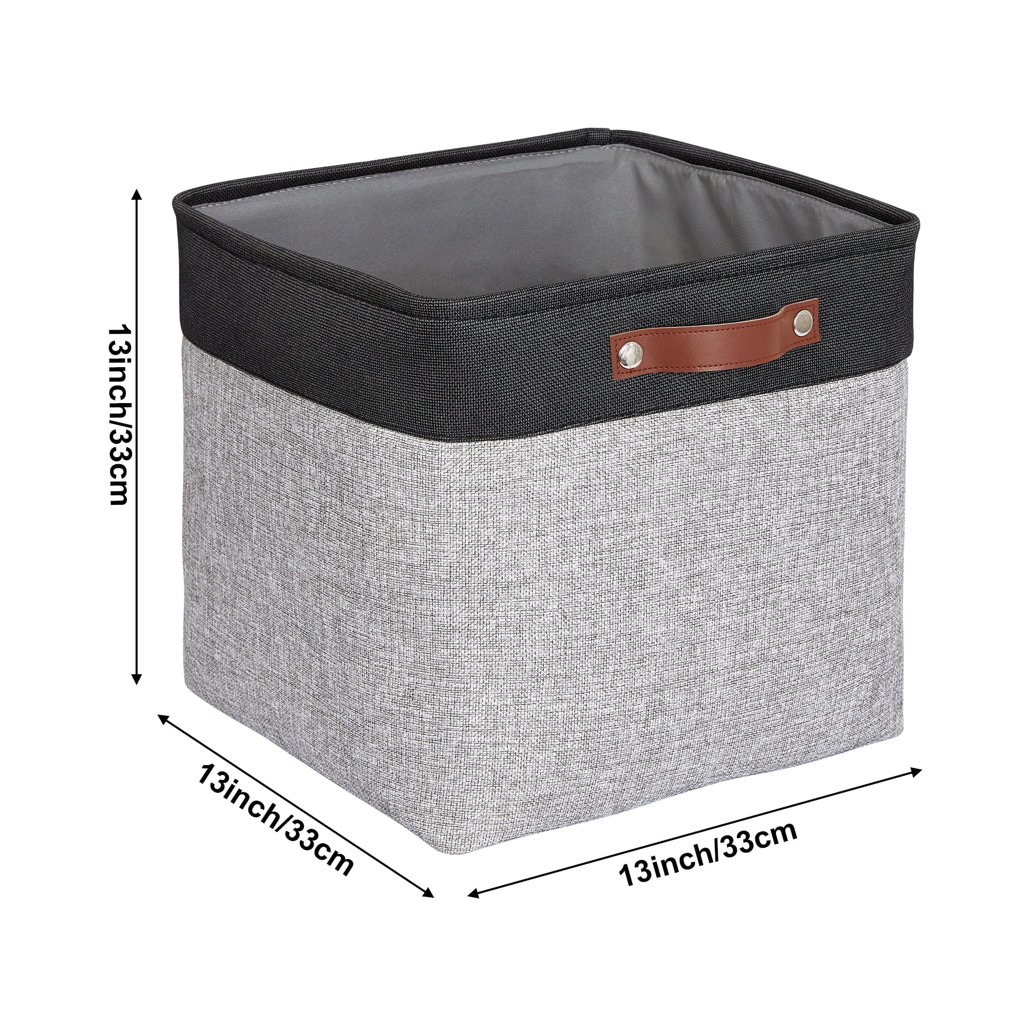 Tegance 13x13 Storage Cubes Baskets 4 Pack Fabric Cube Storage Bins Large Storage Baskets with Leather Handles,Decorative Storage Boxes for Organizing Shelves(BlackGrey)