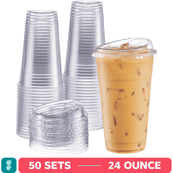 GUSTO 24 Oz Crystal Clear Plastic Cups with Strawless Sip Lids, 50-Pack