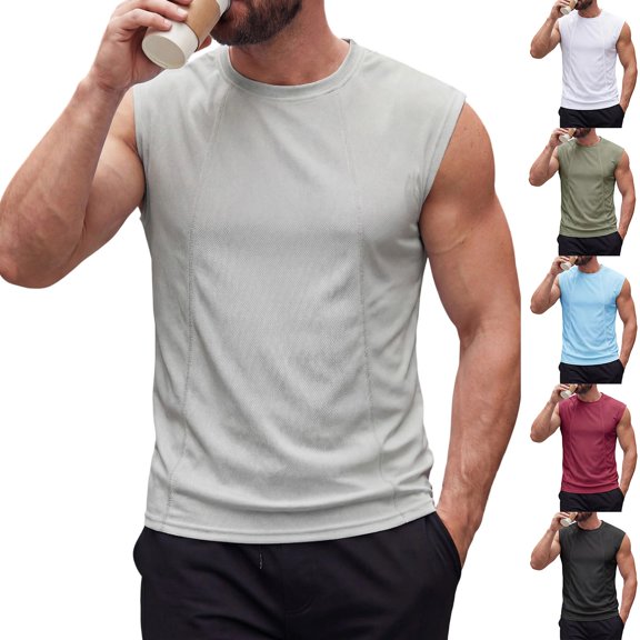 Men's Solid Crew Neck Wide Shoulder Mesh Sleeveless Tank Top, Breathable Casual Summer Athletic Muscle Gym Vest Gray
