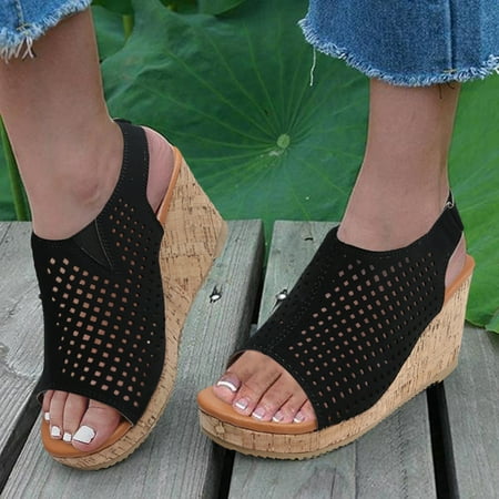 

uikmnh Women Shoes Wedge Sandals For Women Roman Style Solid Color Hollow Hook Loop Fish Mouth Sandals Black 7