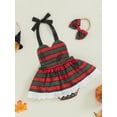 thumbnail image 4 of Michellecmm Newborn Baby Girl Halloween Outfit Infant Sleeveless Halterneck Patchwork Striped Romper Dress with Hairband, 4 of 9