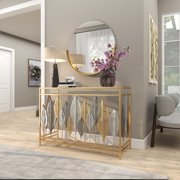 DecMode 44 x 30 Gold Metal Rectangular Leaf Console Table with Mirrored Glass Top and Silver Accents, 1-Piece