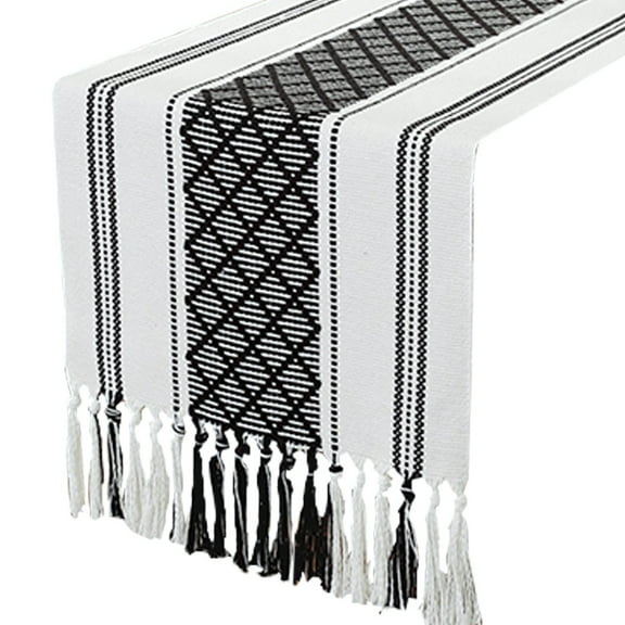 Woven Table Runner, Black Bohemian Table Runner, 13.78x72.05" Farmhouse Table Decor, Tassel Ends, Washable Polyester Cotton Blend for Dining Table, Coffee Table, Console