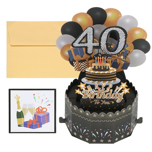 40th Birthday Card, Pop-Out Birthday Card Happy Birthday with Greeting Card and Envelope for Boy Women, Black Gold