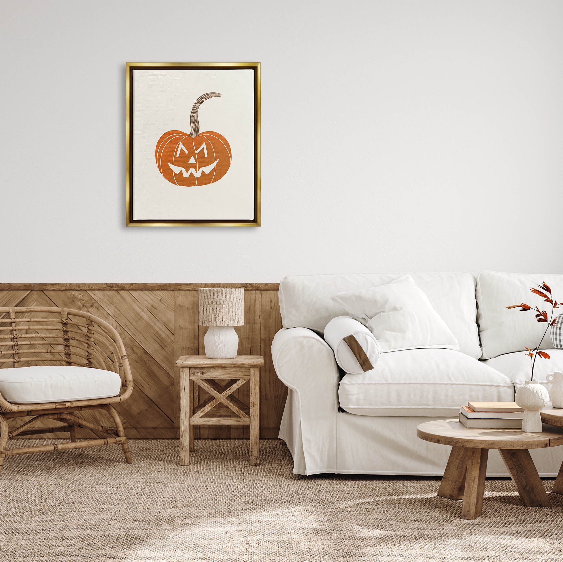Stupell Industries Happy Jack-o-Lantern Smile Graphic Art Metallic Gold Floating Framed Canvas Print Wall Art, Design by Taylor Shannon Designs