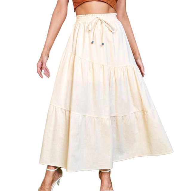 Gibobby faldas para mujer elegante Color sólido Algodón Cintura elástica Falda plisada de columpio grande Mujer(Beige, L)
