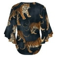 thumbnail image 6 of Dark Blue Tiger Fabric Print Women's V-Neck Blouse With 3/4 Ruffled Bell Sleeves Casual Top Ladies Blouses, 6 of 7
