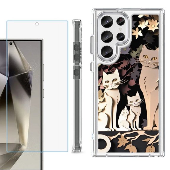 OneToughShield ® Case Compatible with Samsung Galaxy S24 Ultra, Shockproof Bumper Phone Case, with Tempered Glass Screen Protector - Cat Craft