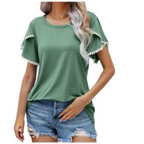 Annhoo Summer Tops for Women Cute Petal Short Sleeve Round Neck Dressy Shirts Fashion Lace Crochet Outfits