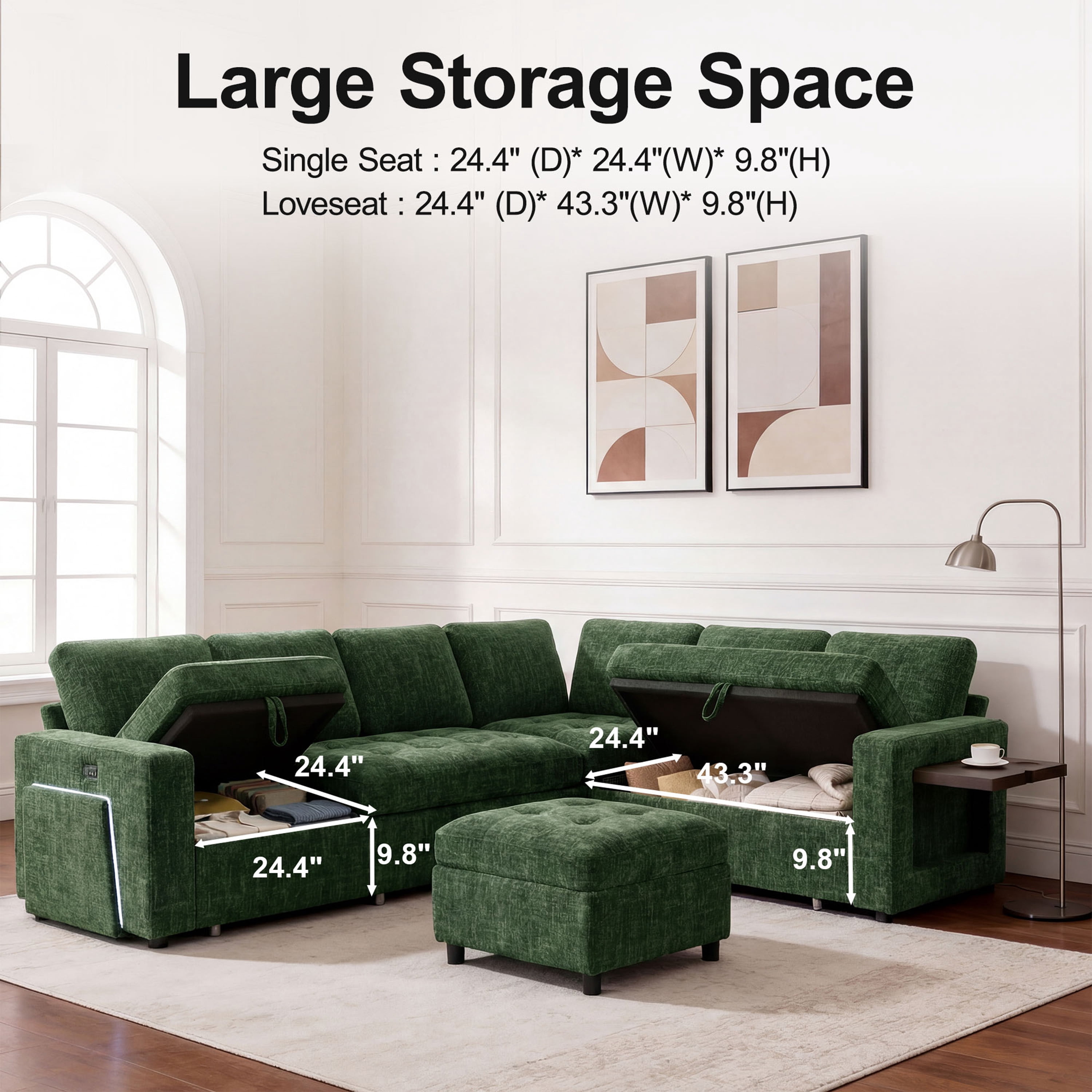 7-Seat Modular Sectional Sofa with Pull-Out Bed, Reclining Backrest, USB Ports, Table, LED Lights & Storage Seats – Tool-Free Assembly, Comfortable Living Room Furniture Green